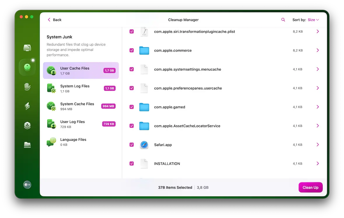 A screenshot of CleanMyMac's Cleanup Manager.