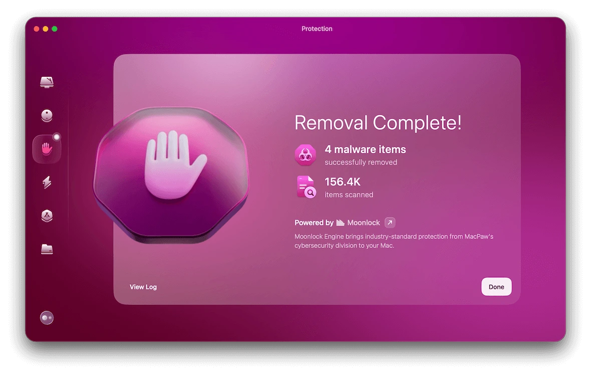 A screenshot of the CleanMyMac Protection process showing "Removal Complete!"