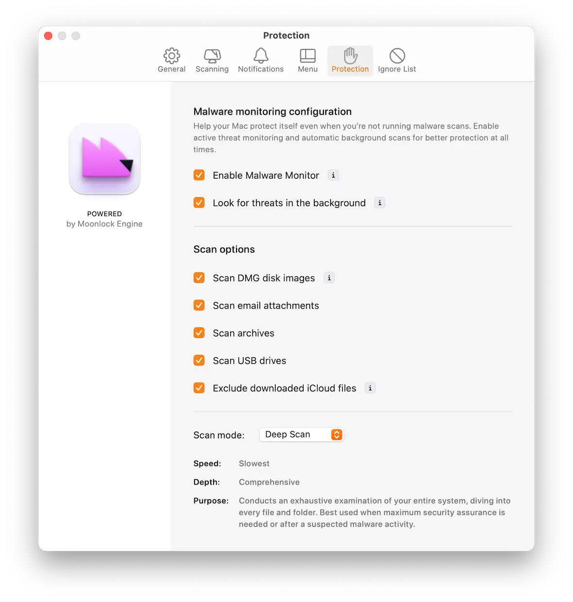 A screenshot of the CleanMyMac protection settings.