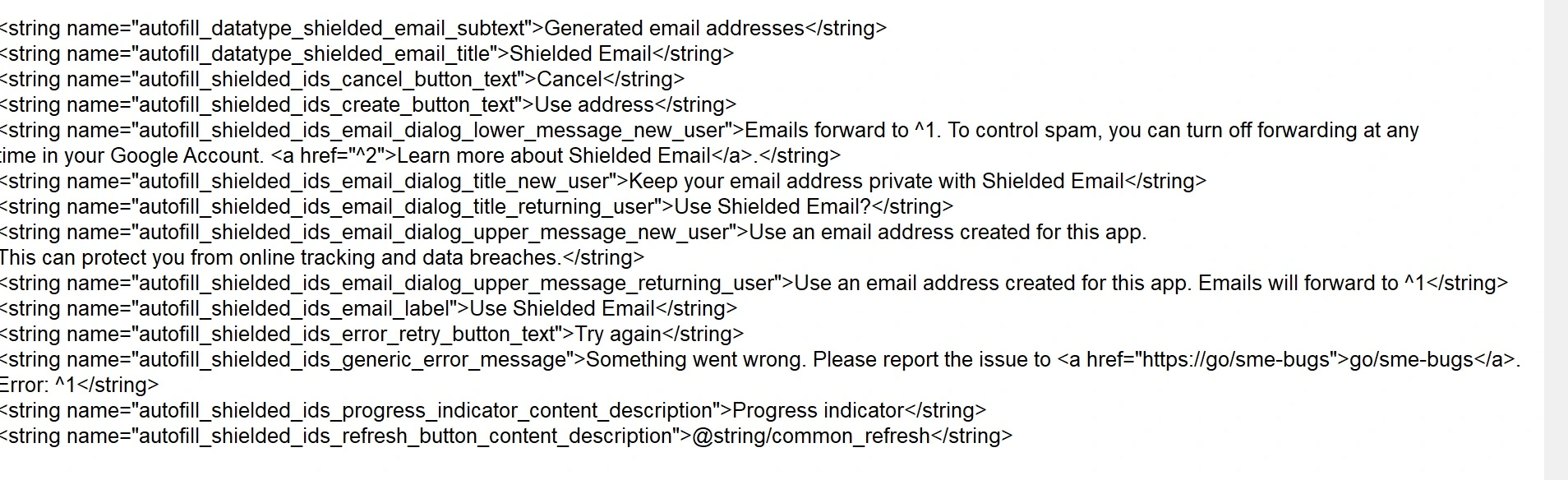 A screenshot of the Google Shielded Email code found by Android Authority.