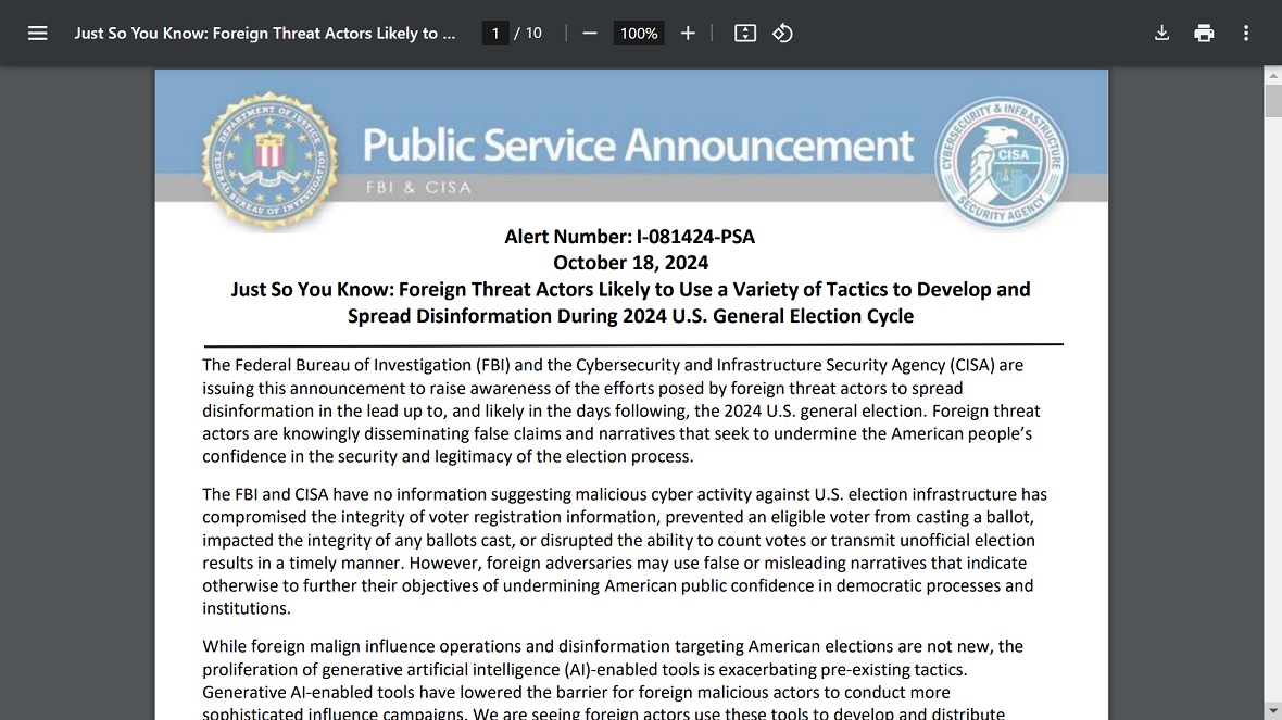 Screenshot of the FBI, CISA communication warning about foreign actors targeting the US elections.