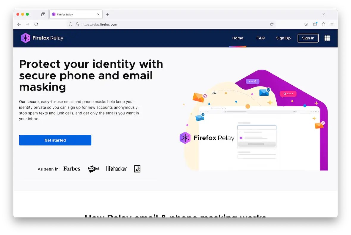 A screenshot of Firefox Relay, used for phone and email masking.