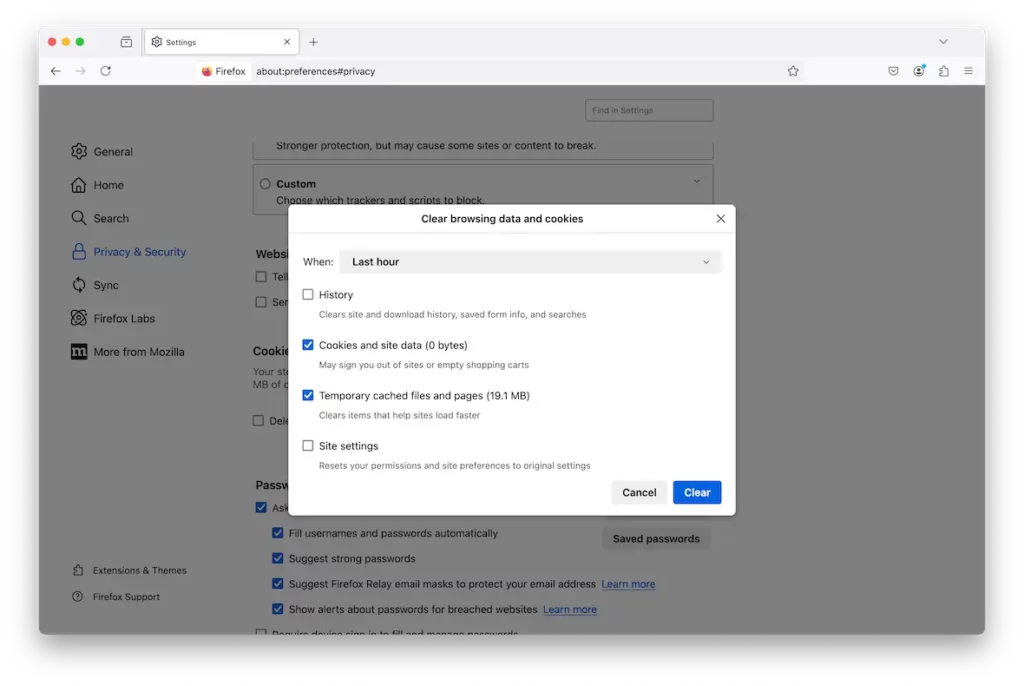Firefox clear browsing data and cookies screenshot