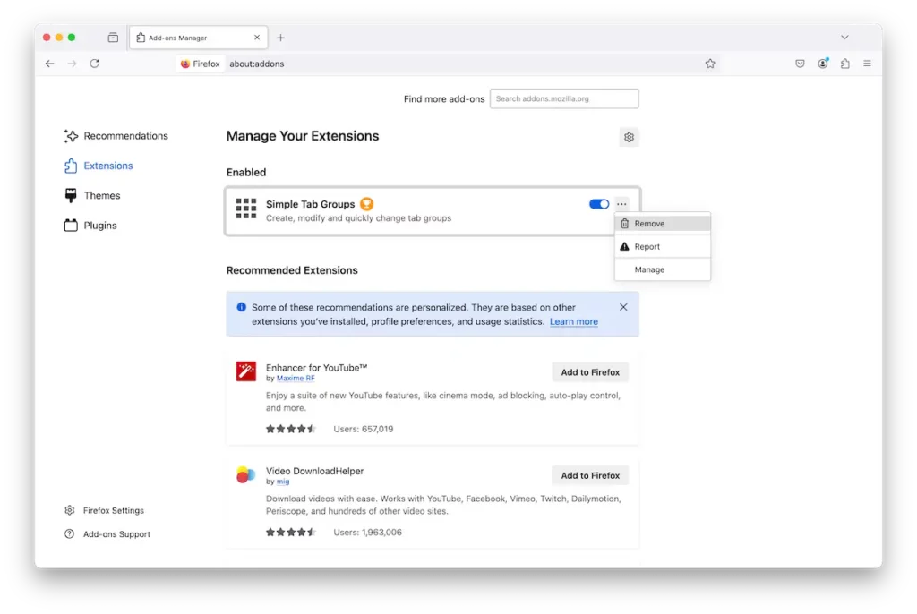 Firefox manage extensions screenshot