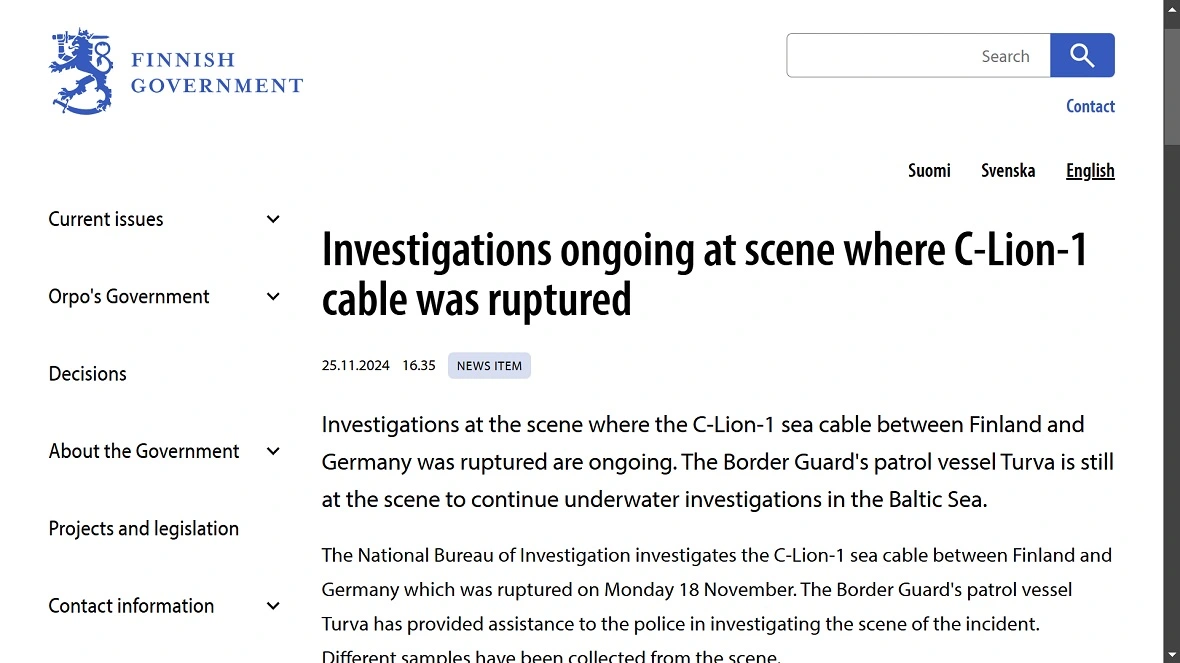 A screenshot of an article from the Finnish Government titled, "Investigations ongoing at scene where C-Lion-1 cable was ruptured."