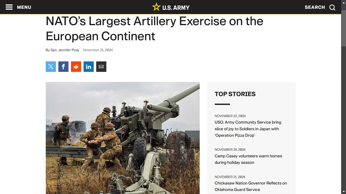 Screenshot of a US Army communication, "NATO's Largest Artillery Exercise on the European Continent."