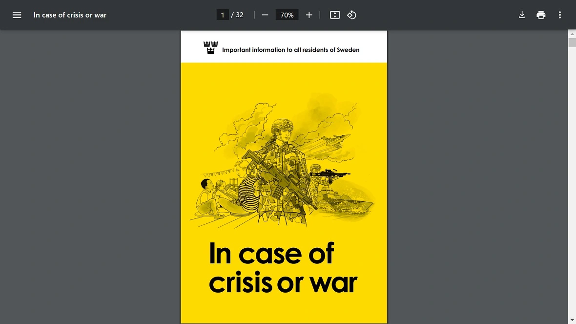 A screenshot of a Swedish pamphlet titled "In case of crisis or war."