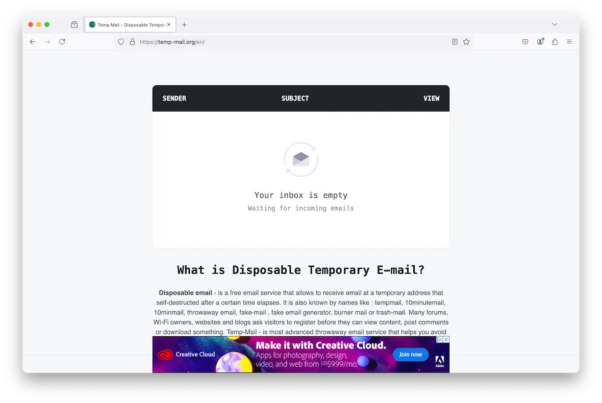 A screenshot of the Temp Mail anonymous email inbox.