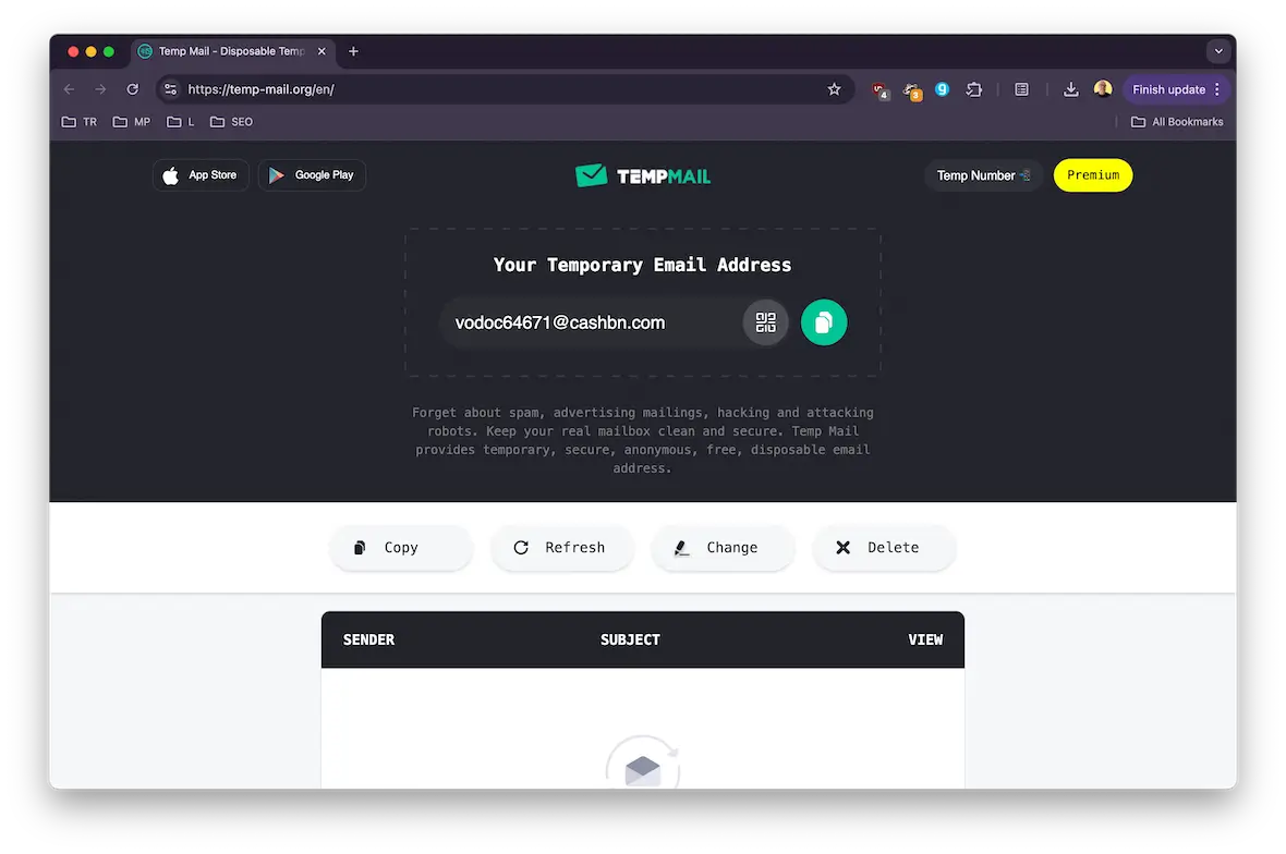 A screenshot of the temporary email address service Temp Mail.