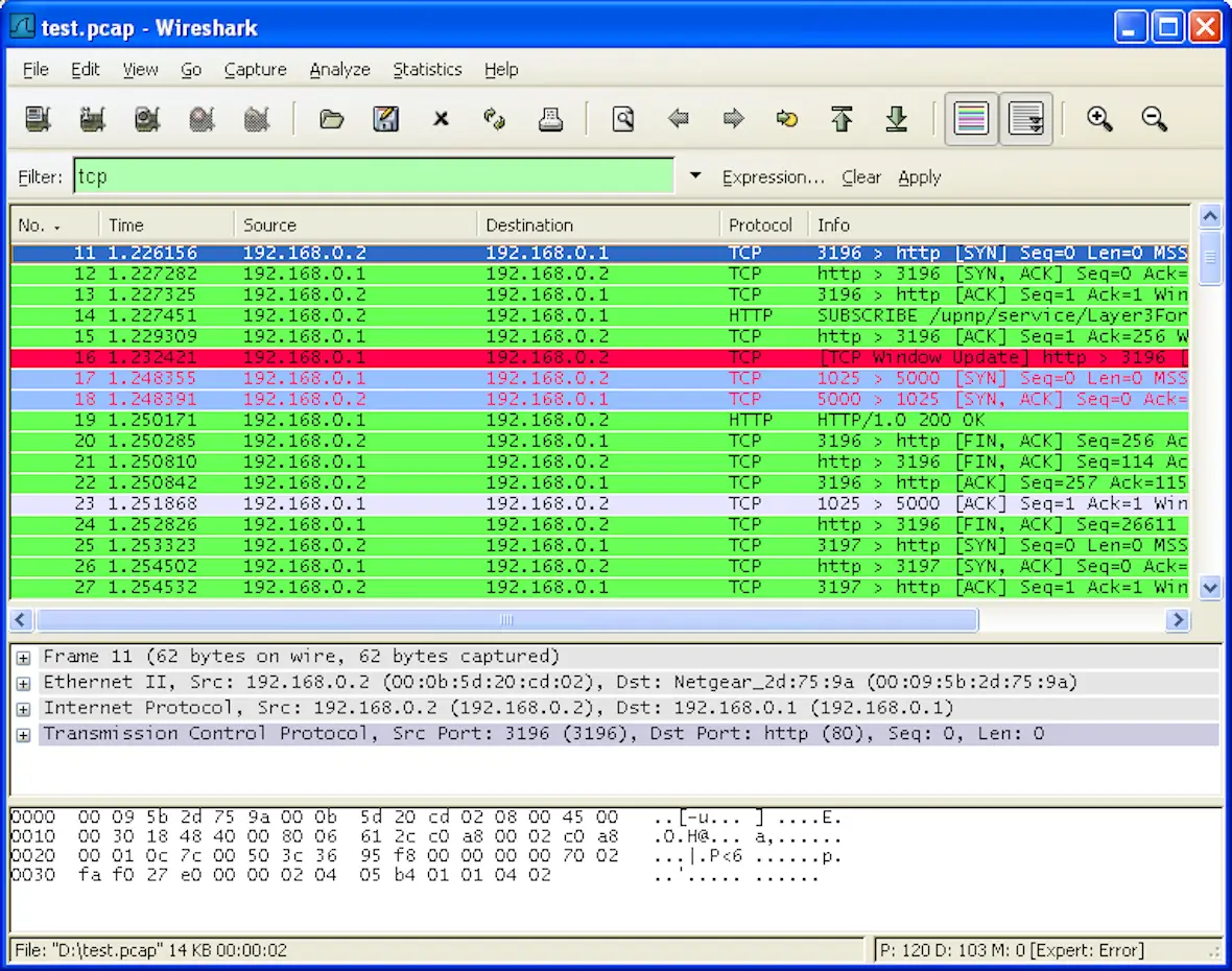 A screenshot of Wireshark, a Network Protocol Analyzer tool, showing its user interface.