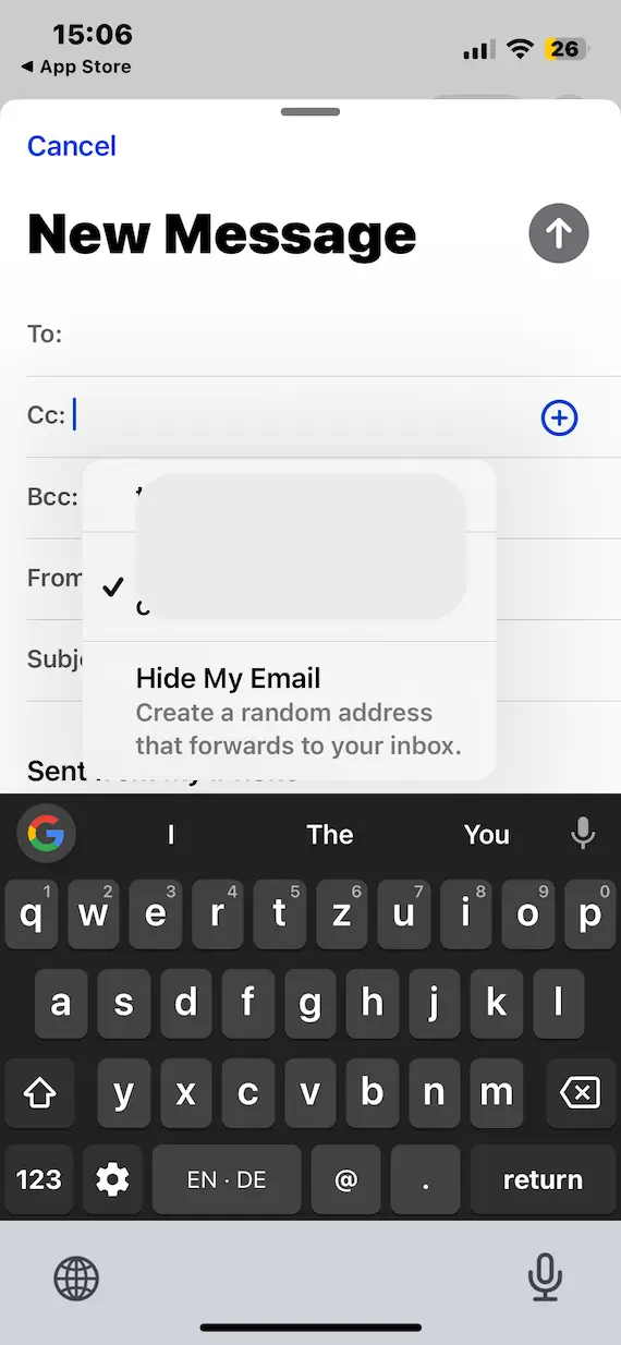 A screenshot of an email "From" field with the option to "Hide My Email" on iOS.