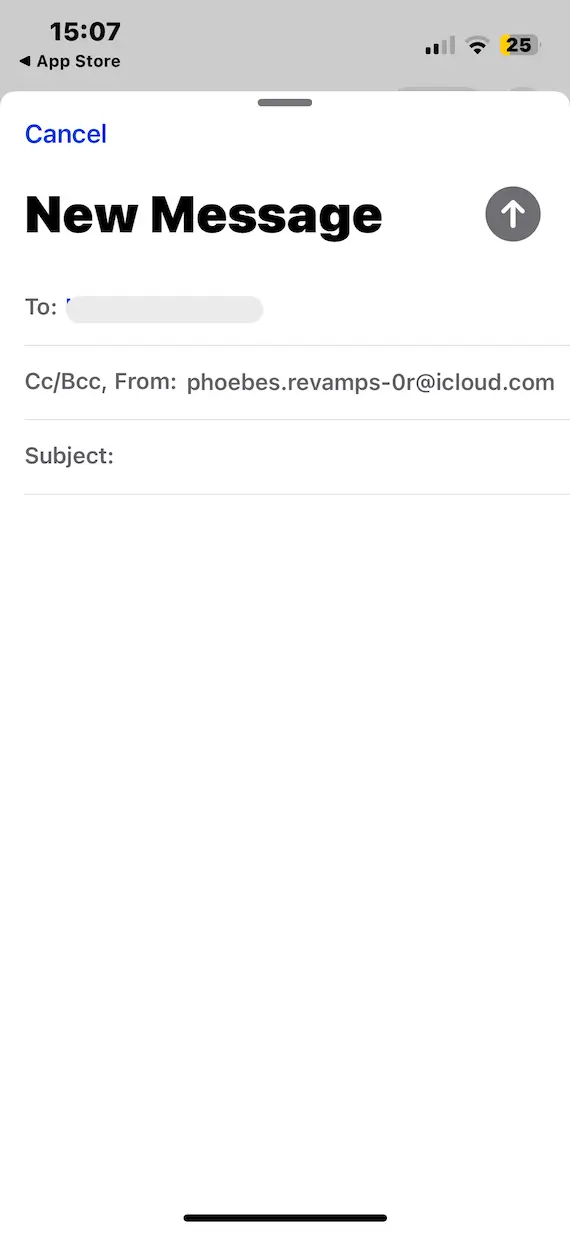 A screenshot of an email on iOS with a hidden email address.