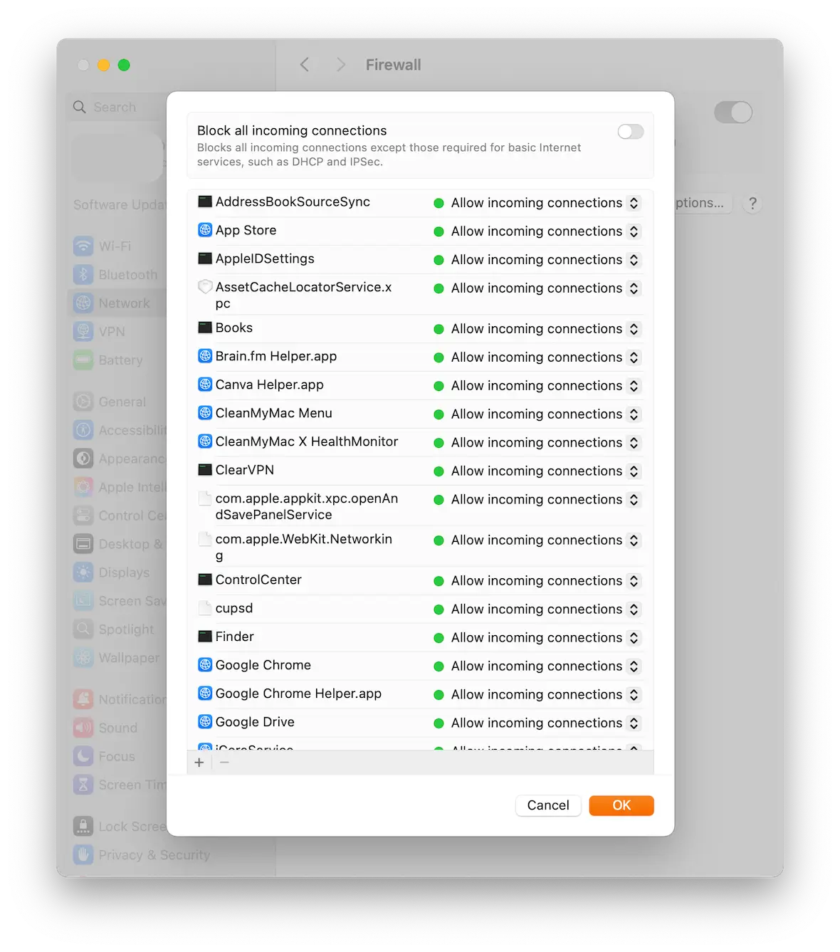 A screenshot of the macOS Firewall settings