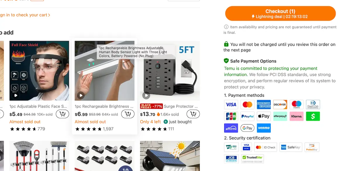 A screenshot of the Temu checkout page.