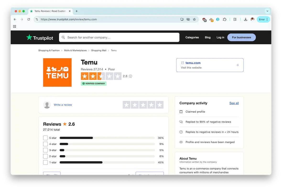 A screenshot of Temu's reviews on Trustpilot.