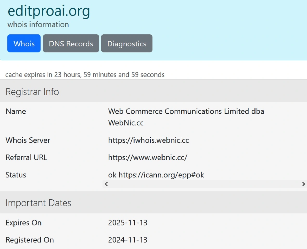 A screenshot of the editproai.org WHOIS information.