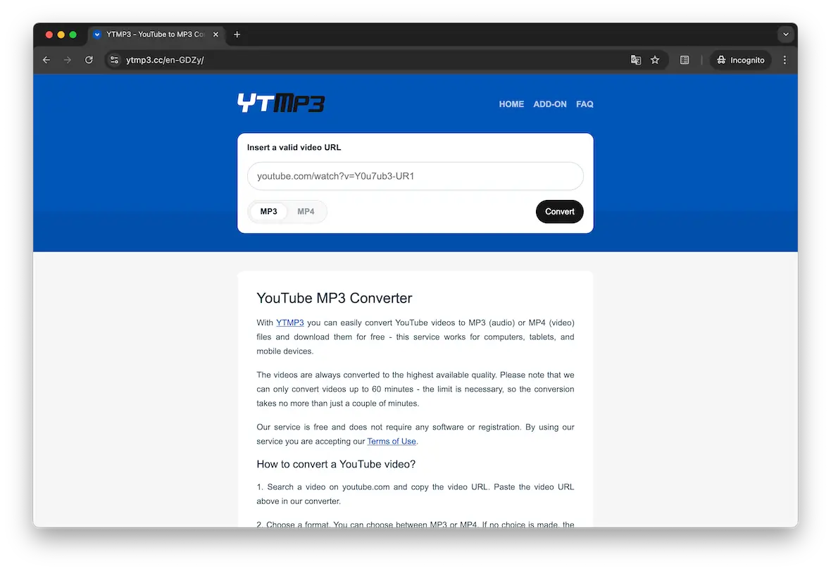 A screenshot of the Ytmp3 website.