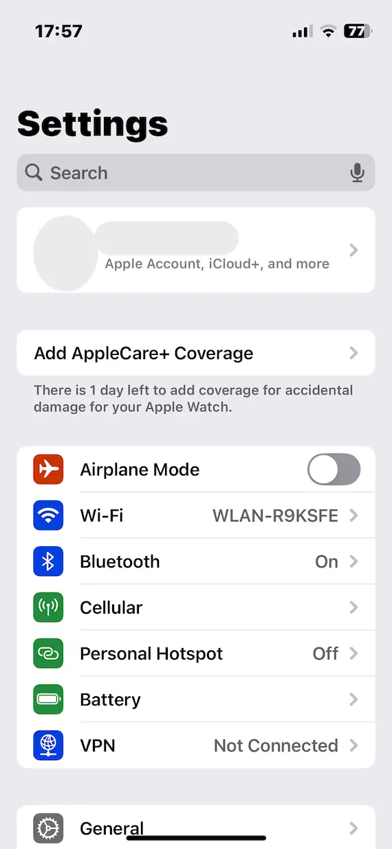 A screenshot of the Settings page on iOS.