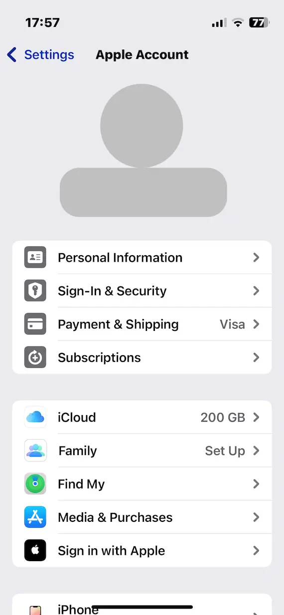 A screenshot of the Apple Account settings page on iOS.