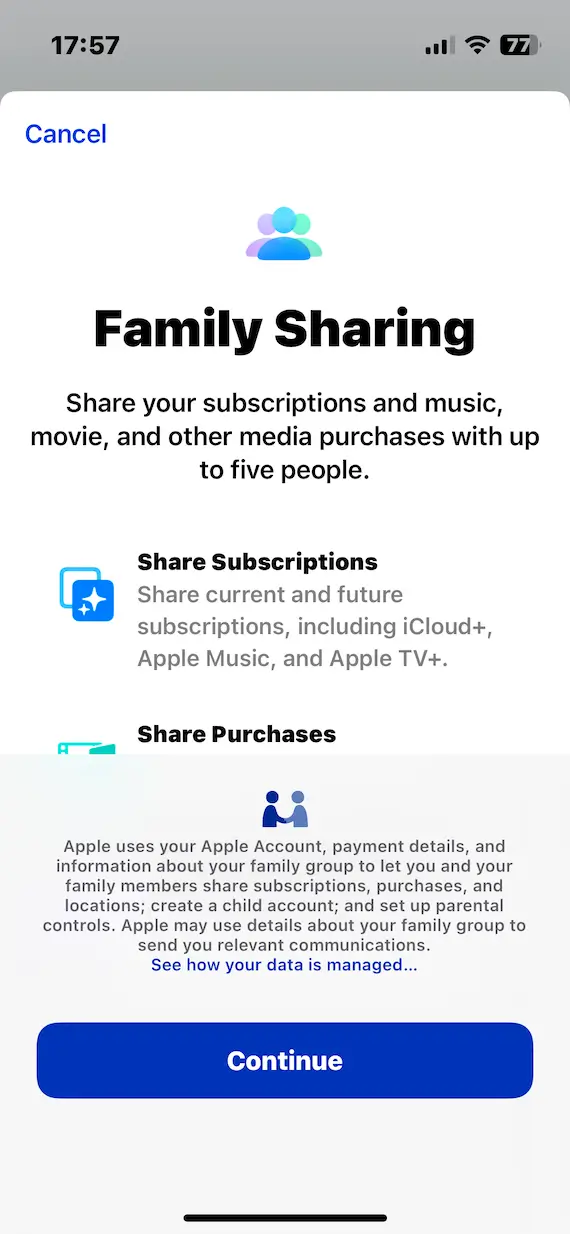 A screenshot of the Family Sharing page on iOS.