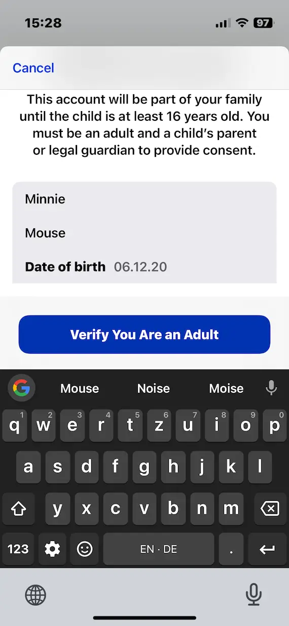 A screenshot of the page in Family Sharing asking the parent to "Verify You Are an Adult."