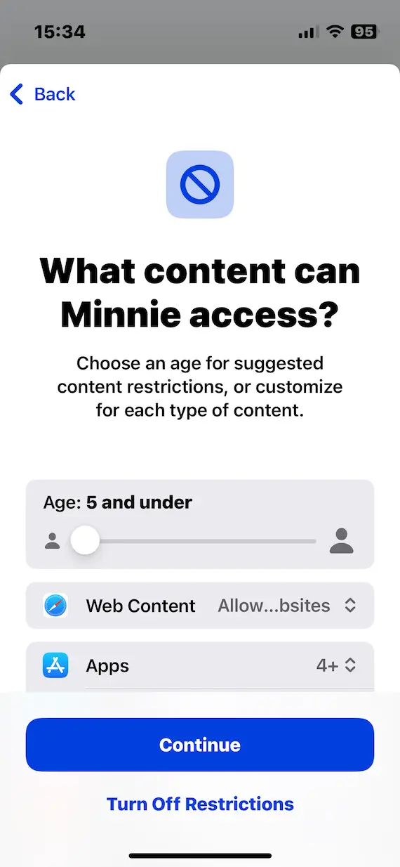 A screenshot of the page allowing an adult to select content restrictions on a child account.