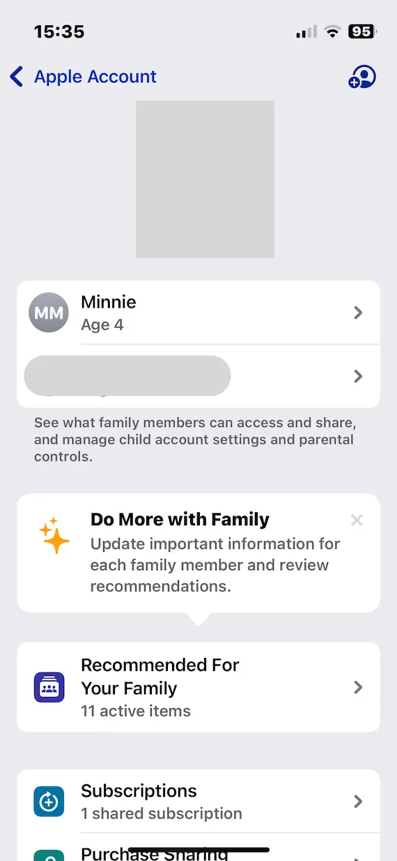 A screenshot of the Family Sharing dashboard on iOS.