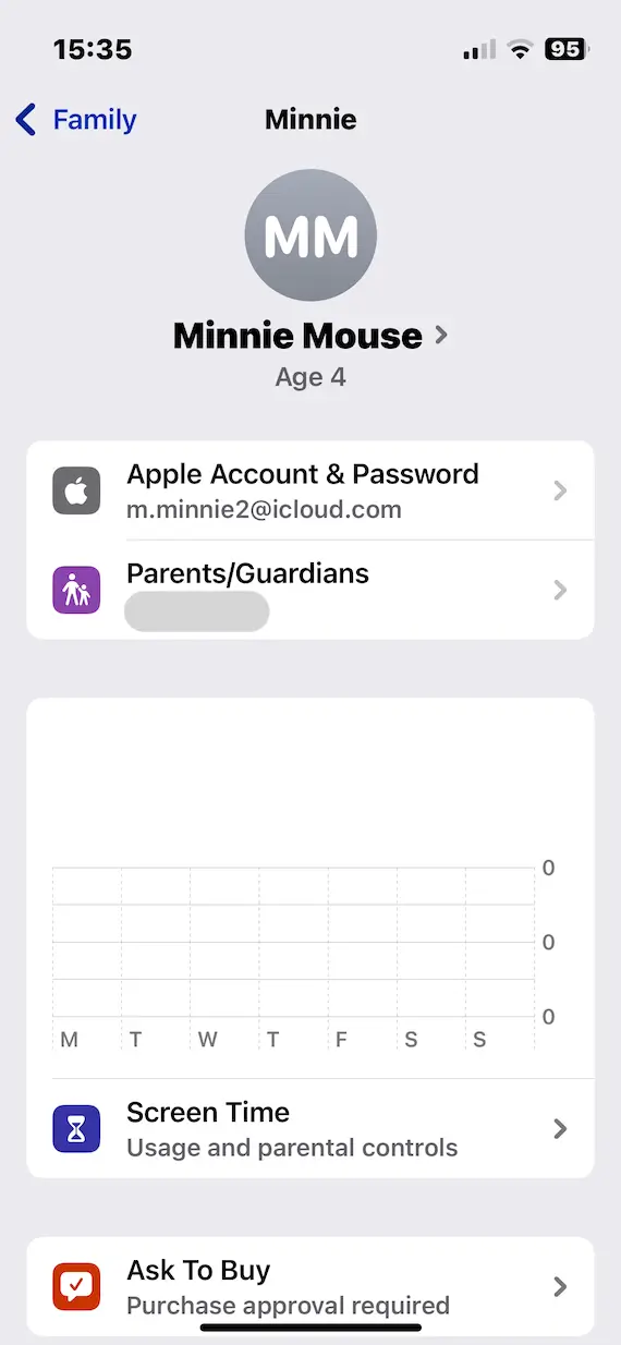 A screenshot of a child's account settings on the Family Sharing dashboard on iOS.