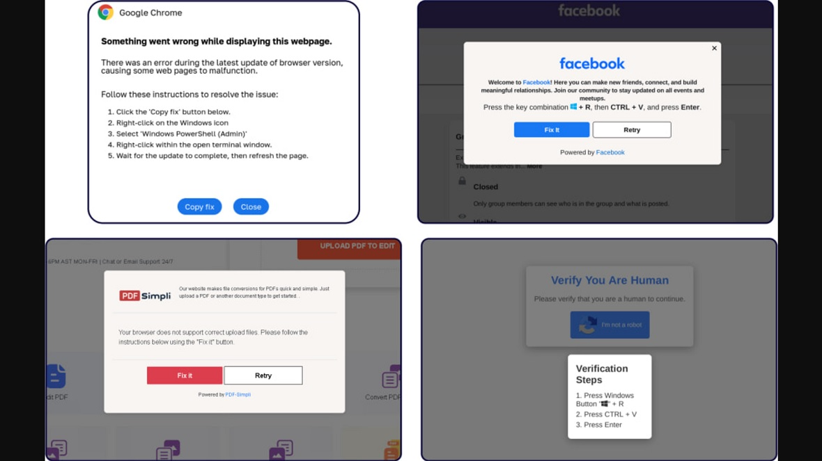 Screenshots of several different examples of ClickFix scams.
