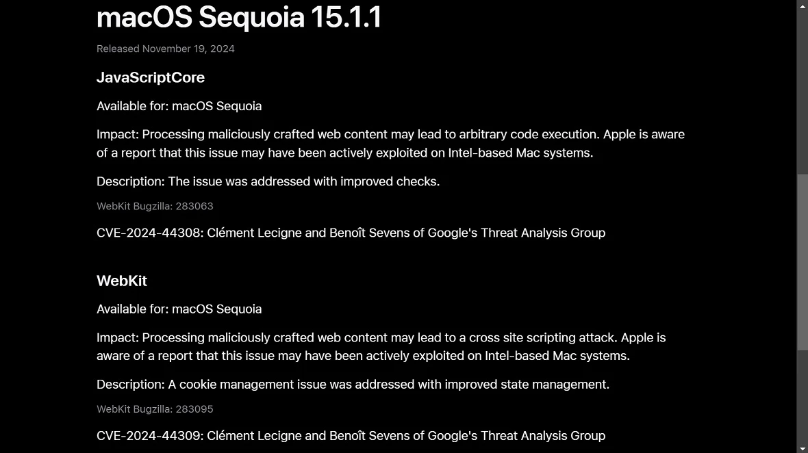 A screenshot of the Apple security update for macOS Sequoia.