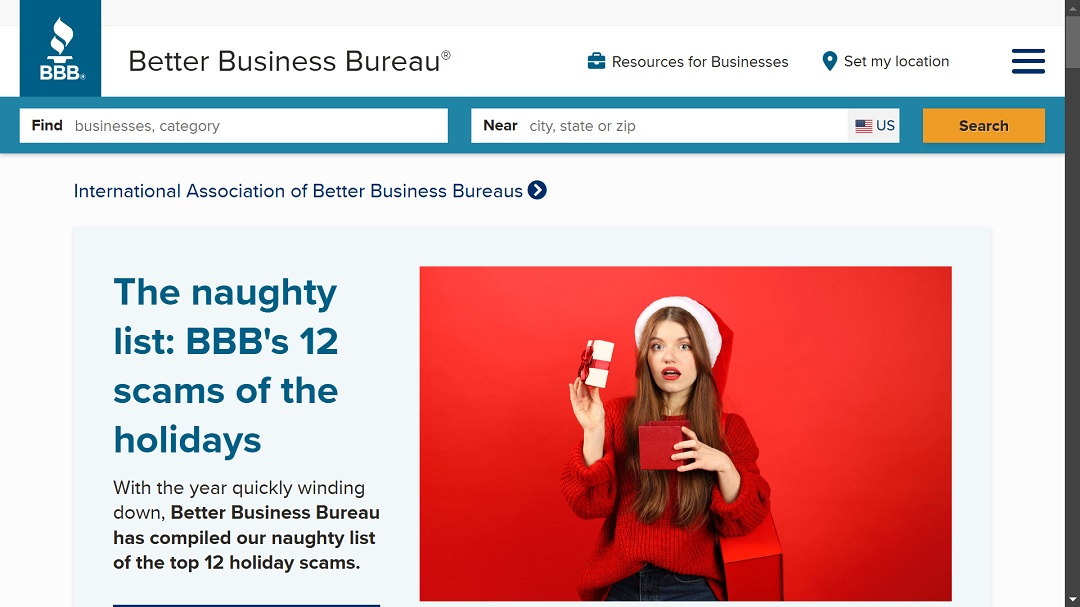 Screenshot of the BBB naughty list of holiday scams.