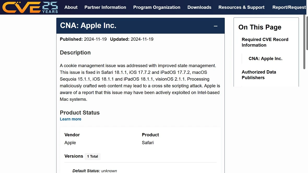 A screenshot of the official CVE site listing Apple devices that may have been affected. 