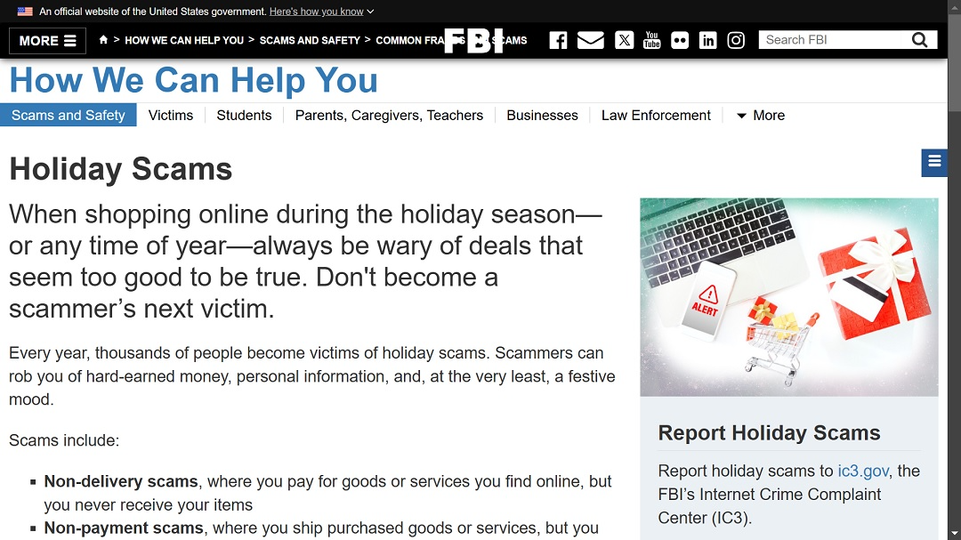 A screenshot of the FBI's official website warning on holiday season scams.