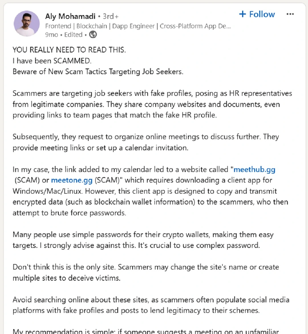 A screenshot of a post on LinkedIn warning others to stay away from scams linked to Realst malware.