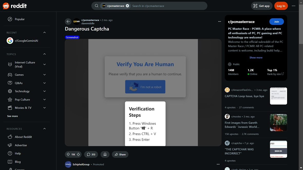 Users on Reddit spreading awareness on what a fake Captcha looks like.