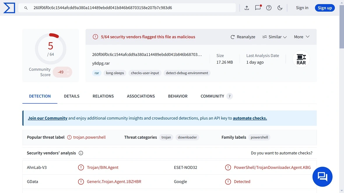 A screenshot of the GodLoader file report on VirusTotal.