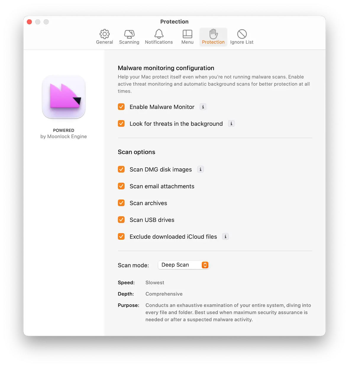 A screenshot of the real-time threat monitoring options in the Protection settings in CleanMyMac.