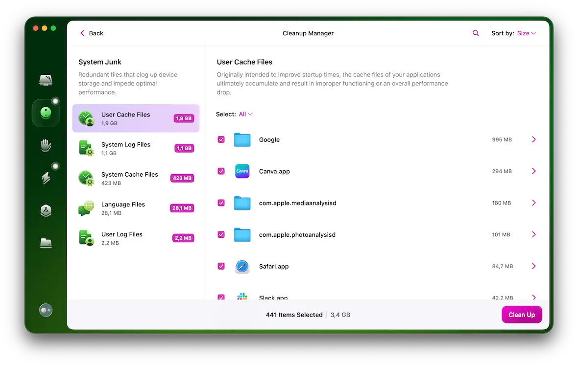 A screenshot of the Cleanup Manager page in CleanMyMac.