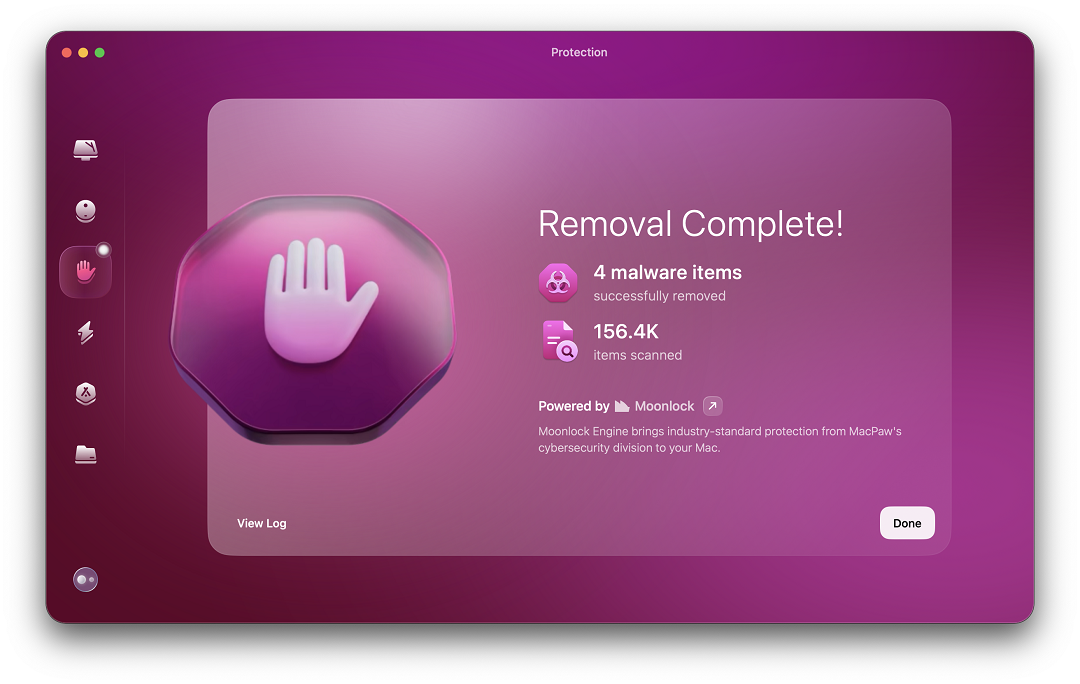 Screenshot of CleanMyMac automated malware removal complete.