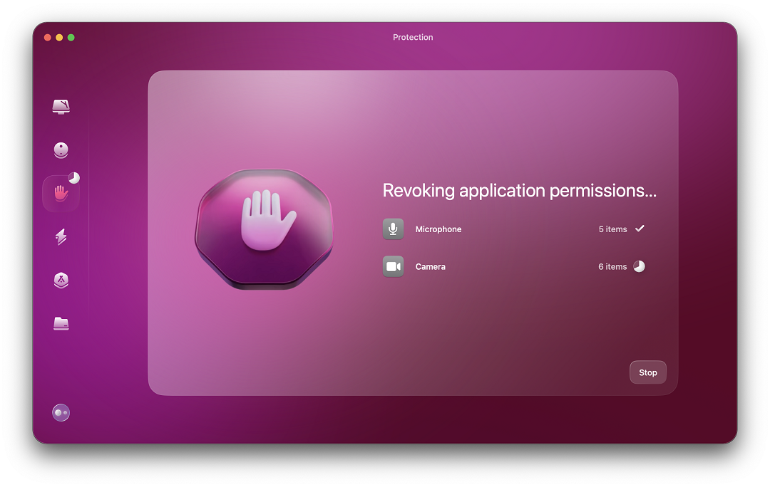 Screenshot of CleanMyMac revoking permissions granted to applications.