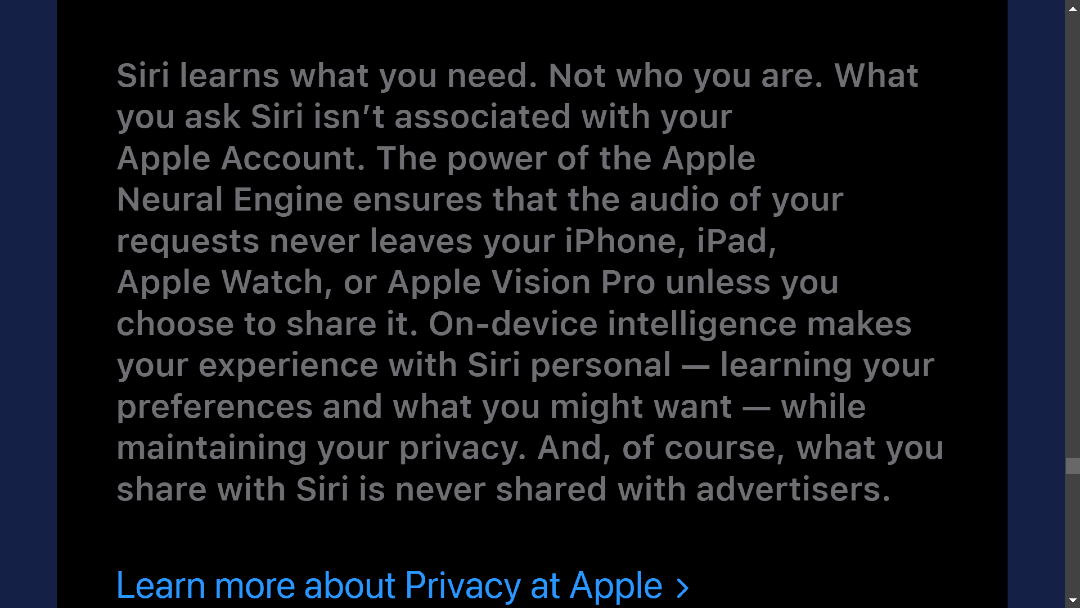 Screenshot of Apple's official page explaining how Siri privacy works today with Apple Intelligence, never leaving the device.