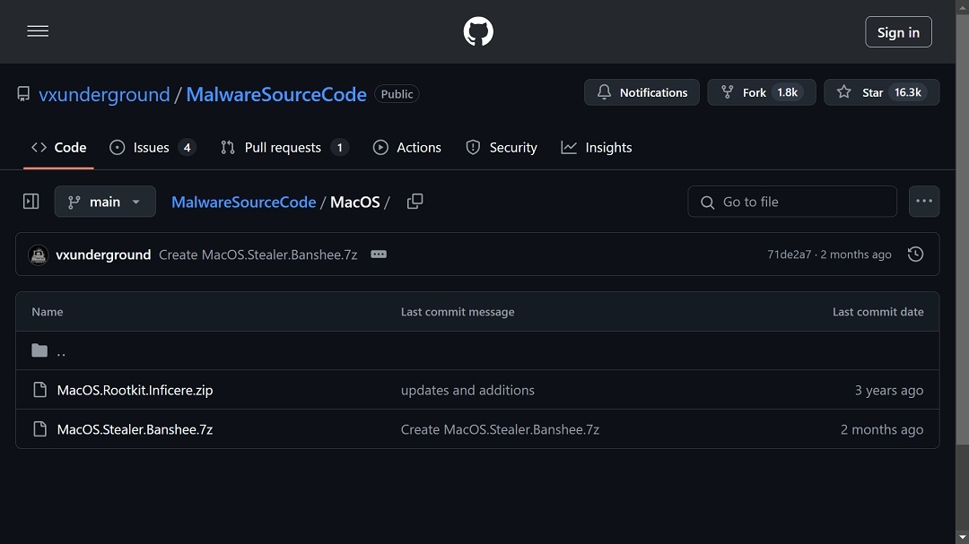 Screenshot that shows that the Banshee source code leaked on GitHub.