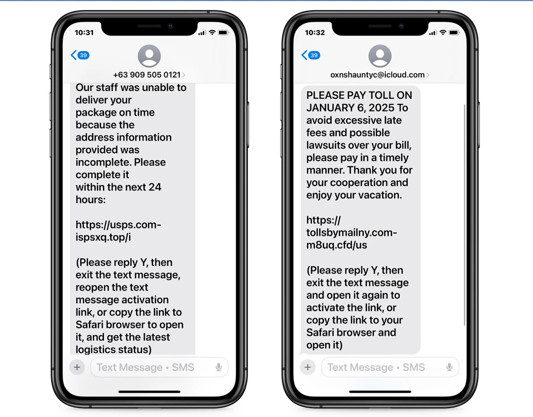 Screenshot of the SMS scams linked to this new iMessage trick that Bleeping Computer shared.