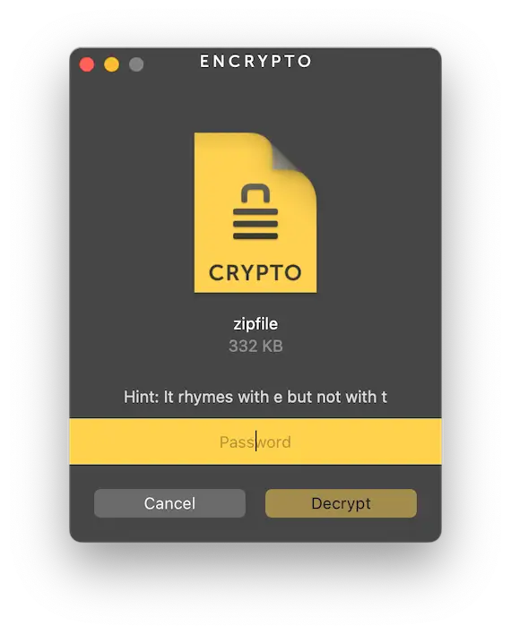 A screenshot of the Encrypto user interface showing the password entry page.