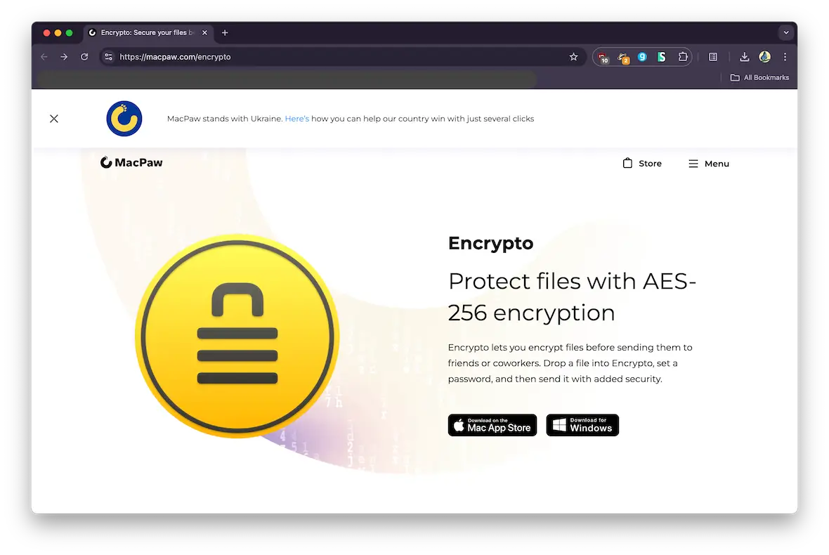 A screenshot of the homepage of Encrypto by MacPaw.