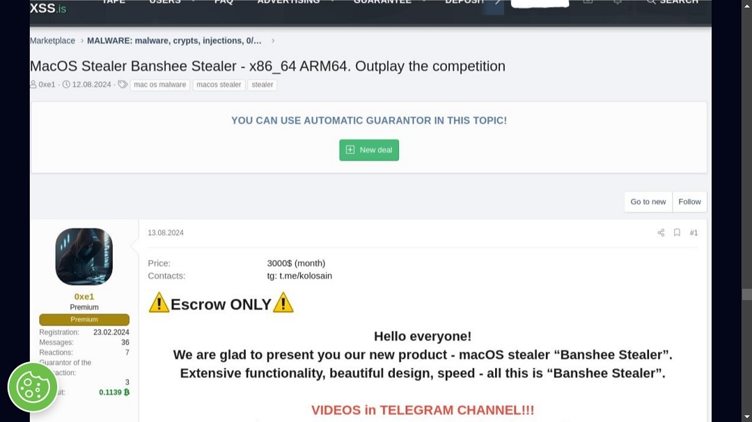 Image of a XSS Forums post where the developer of Banshee promotes the stealer at $1,500.