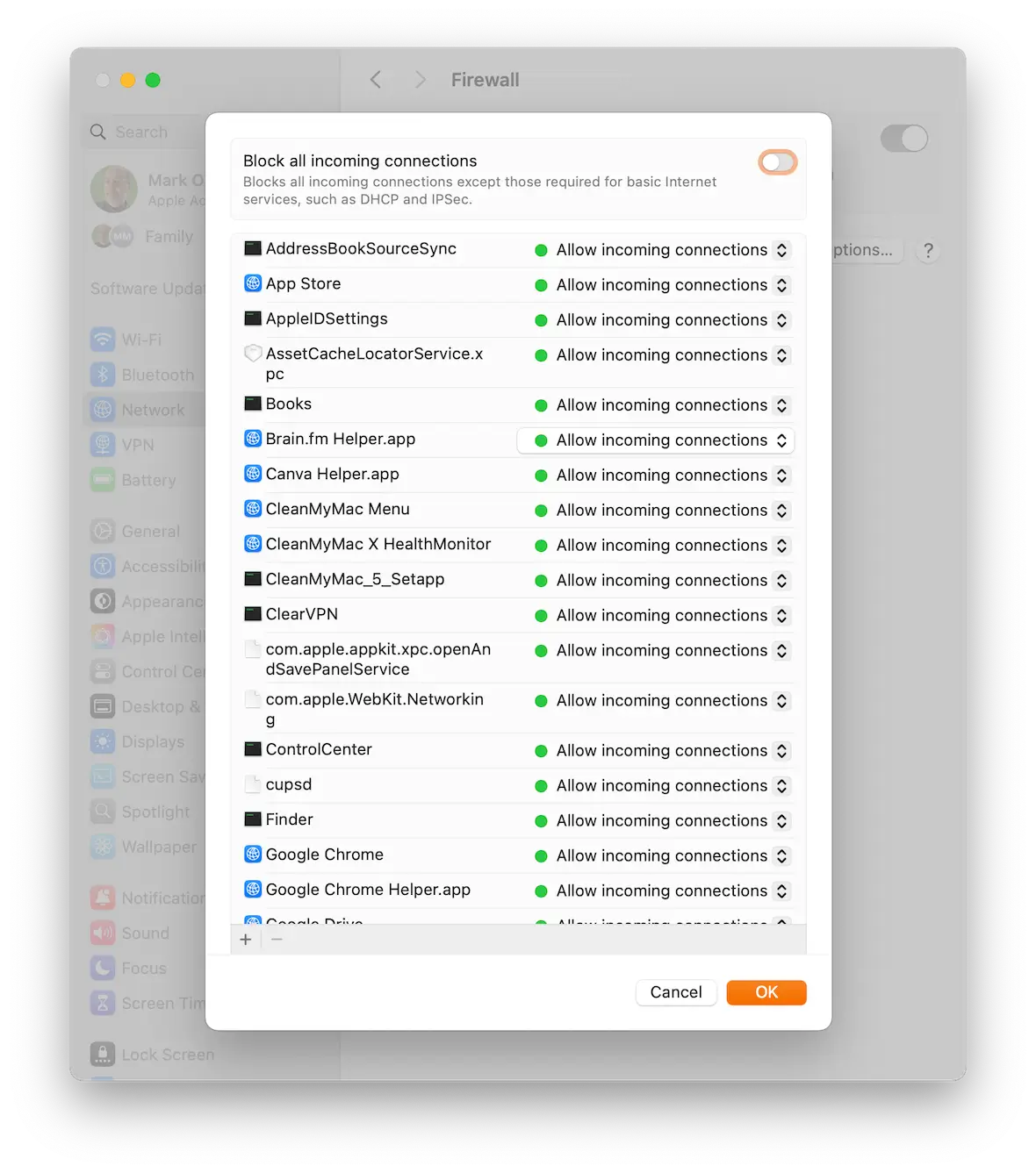 A screenshot of Mac firewall settings.